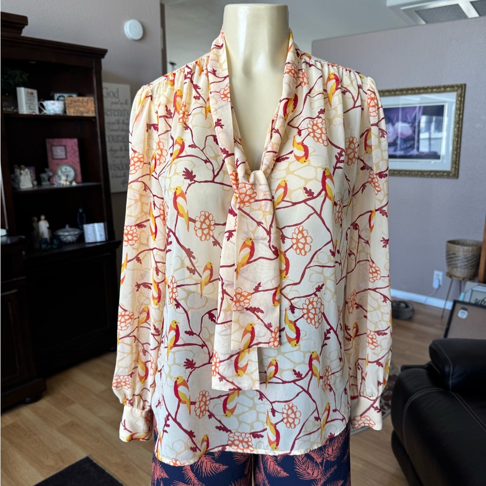 Eva Mendez sheer yellow, orange & red long sleeve Vneck blouse-size M